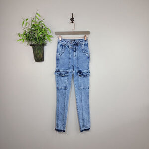 RtA Skinny Eva Slim Cargo Utility Jeans Blue Acid Wash Raw Step Hem 24